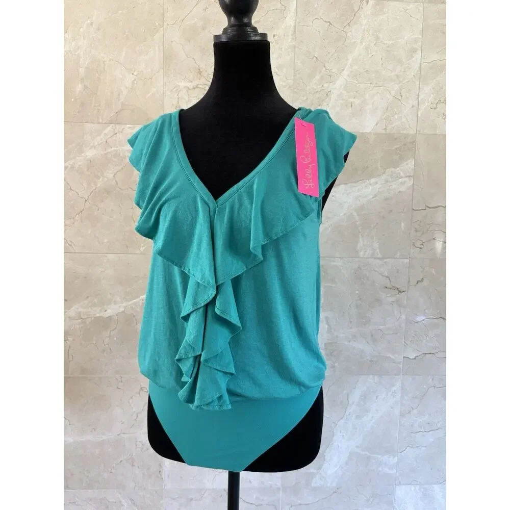 Lilly Pulitzer Caliana Bodysuit XS Agate Green, Ruffled Resortwear Party Top